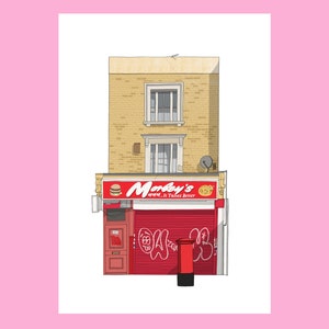 Puede incluir: Un edificio de ladrillo rojo con un toldo rojo que dice "Monkey's" y "Where It Tastes Better". Hay una puerta roja y un buzón rojo frente al edificio.