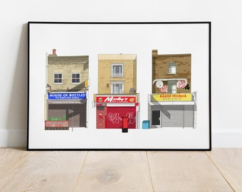 May include: A digital illustration of three storefronts in a row. The storefront on the left is a liquor store called "House of Bottles". The middle storefront is a red and white shop called "Merky's". The storefront on the right is a yellow and red shop called "Kabab Kebabera Kebab House".