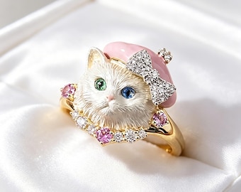 Anillo de animales esmaltado hecho a mano, lindo anillo de gato o cachorro con cristales y lazo, regalo de joyería de mascotas original para ella, anillos para amantes de las mascotas, regalo de cumpleaños