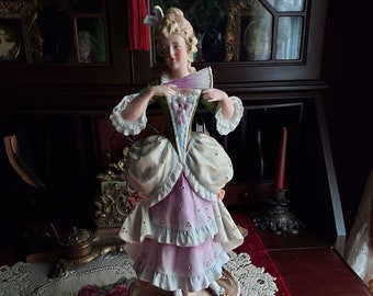 Tall 16 3/4" Vintage Antique Bisque Porcelain German Figurine Victorian Colonial Lady Hand Painted Details Large Dresden Style Germany Rare