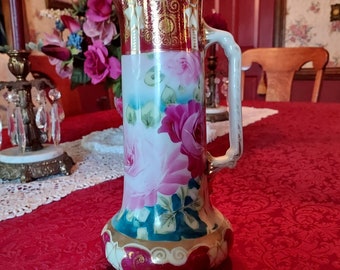 Nippon Nippon Pitcher Ewer Hand Painted Roses 9 1/4"Tall Burgundy Trim Victorian Antique Ornate Porcelain Great Gift SALE