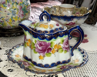 Hand Painted Antique Gravy Sauce Pitcher Lidded With Tray/Underplate Roses And Cobalt Decorative Porcelain Victorian Vintage Japan