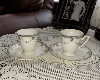 Okwan China Hand Painted Made In Japan Demitasse 2 Cups and 2 Saucers Vintage Classy Design