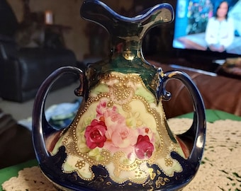 Ornate Nippon Vase Cobalt & Hand Painted Roses Gold Trim and Moriage Details Victorian Antique Handles