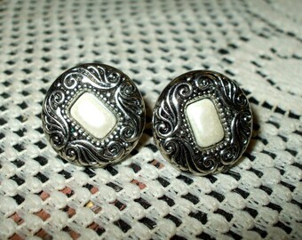 Silver Tone Victorian Style Vintage Earrings Antique Design With Pearl Centers Pierced