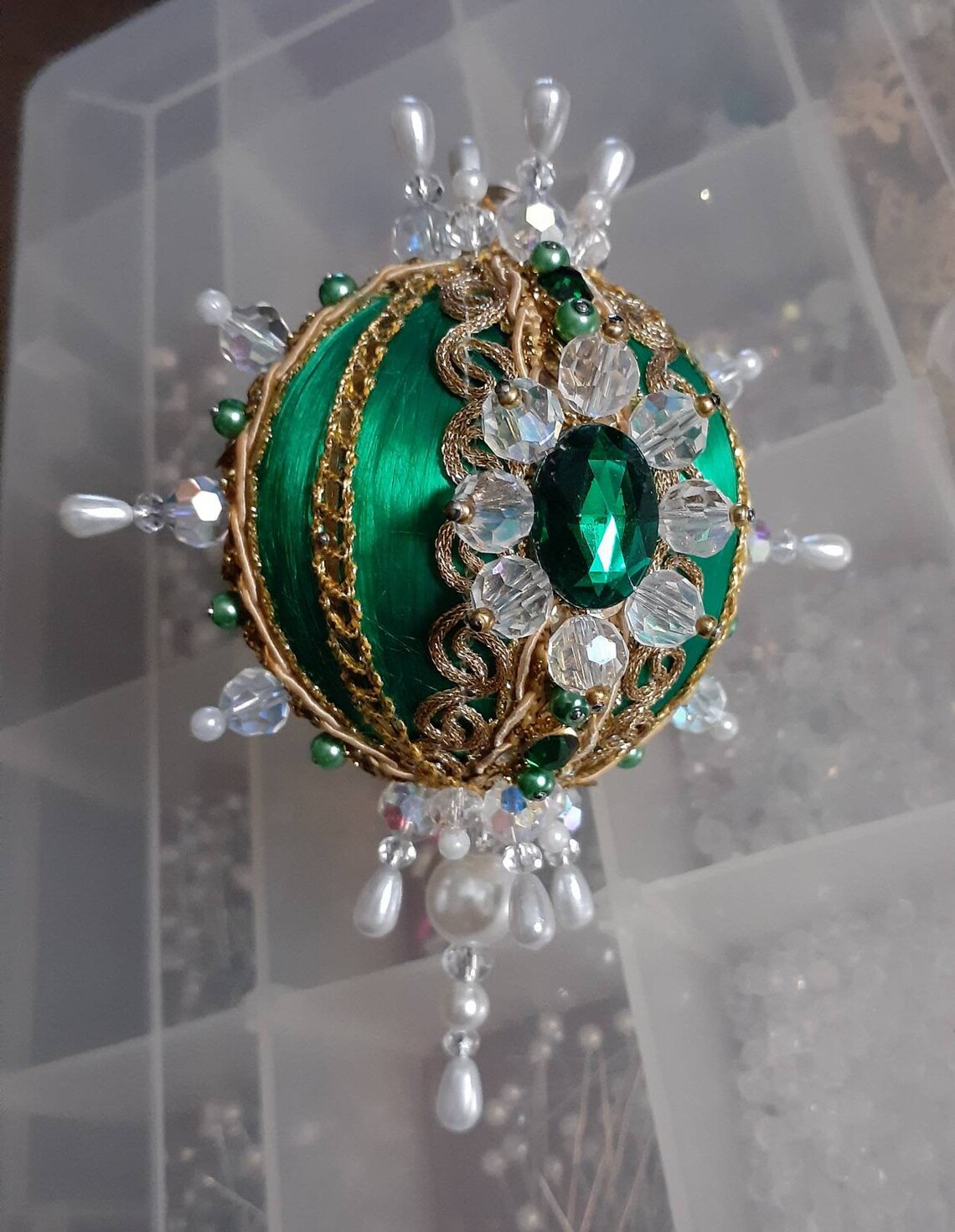 Handmade Green Christmas Ornament Pearls Emerald Green Gems Etsy