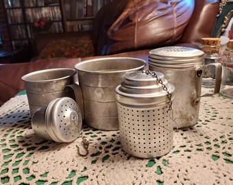 Vintage Aluminum Kitchen Measuring Cups Shaker Tea Strainers Infusers Lot of 5