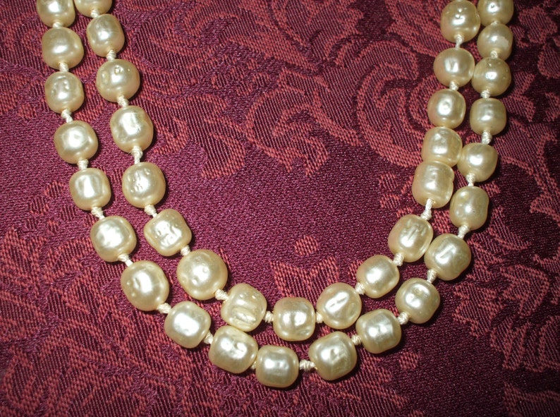 Hand Knotted Baroque Pearls Double Strand Necklace Rhinestones Ivory Off White Vintage image 4