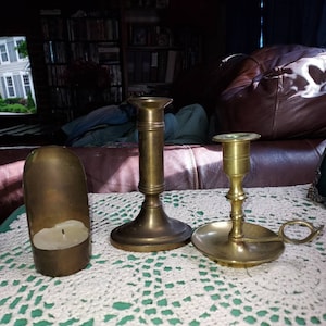 Vintage Brass Candleholders Candle Holders Candlesticks Candle Sticks Collection of Three Different With Antique Patina Victorian Decor