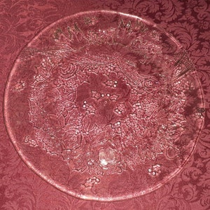 Large 11 1/2&quot;+ Glass Christmas Serving Plate Platter Tray Clear Embossed Possibly Mikasa Wreath with Roses Doves Holly Ribbon