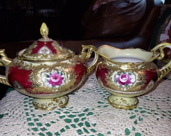 Antique Nippon Hand Painted Roses Sugar & Cream Pitcher Creamer Burgundy Red Gold Ornate Victorian Set