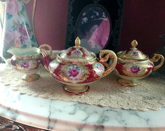 Antique Nippon Tea Set Hand Painted Roses Teapot Sugar & Cream Pitcher Creamer Burgundy Red Gold Ornate Victorian Teaset Sale