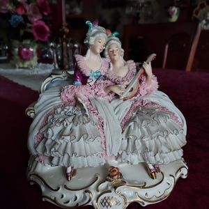 Large DRESDEN Ladies Hand Painted German Colonial Or Victorian Ornate Lace Porcelain Figurine Germany
