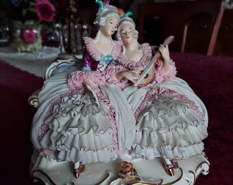 Large DRESDEN Ladies Hand Painted German Colonial Or Victorian Ornate Lace Porcelain Figurine Germany