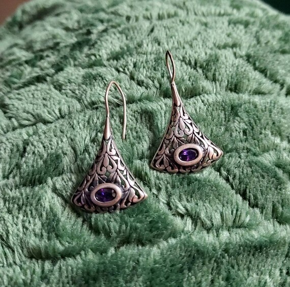 Sterling Silver Amethyst Earrings  Antique Filigr… - image 4