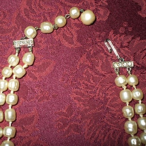 Hand Knotted Baroque Pearls Double Strand Necklace Rhinestones Ivory Off White Vintage image 3