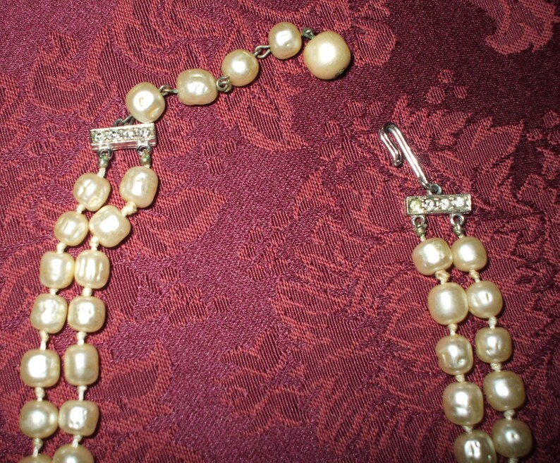 Hand Knotted Baroque Pearls Double Strand Necklace Rhinestones Ivory Off White Vintage image 3