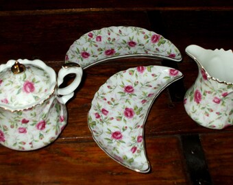 Lefton China Sugar Creamer & Bone Dishes Roses Hand Painted Vintage Chintz