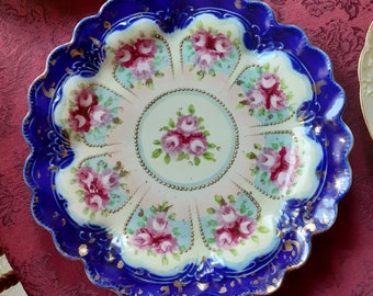 Gorgeous Roses & Cobalt Japan Wheelock Hand Painted Scallop Plate Before 1909 Nippon Era