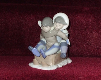 LLADRO Eskimo Boys on Sleigh Hang On #5665 Decorative Figurine From Spain 1989 Vintage Handmade