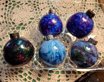 5 Hand Painted Handmade Glass Ball Christmas Ornaments Alcohol Ink and Various Applications