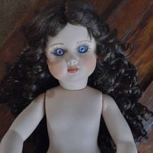 Vintage Handmade Doll Porcelain Head and Body Antique Victorian Reproduction With Blue Eyes and Curly Long Brown Wig 19&quot; Tall