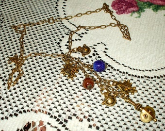 Vintage Necklace With Stones and Medieval Ornament Dangles Tassel Gold Tone Retro Victorian Boho Gypsy