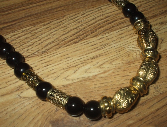 Vintage Black Bead And Gold Fancy Antique Filigre… - image 1