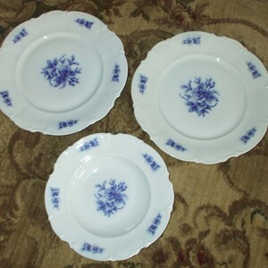 Bavaria Germany Cobalt Rose Dinner Plates & Bowl Vintage Porcelain Flow Blue Look Scalloped