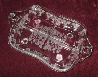 Large New Martinsville Florentine Etched Cut Crystal Relish Dish Tray 12 Inches Ornate Scrolls Leaves Vintage