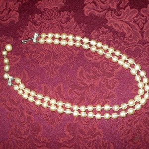 Hand Knotted Baroque Pearls Double Strand Necklace Rhinestones Ivory Off White Vintage image 2