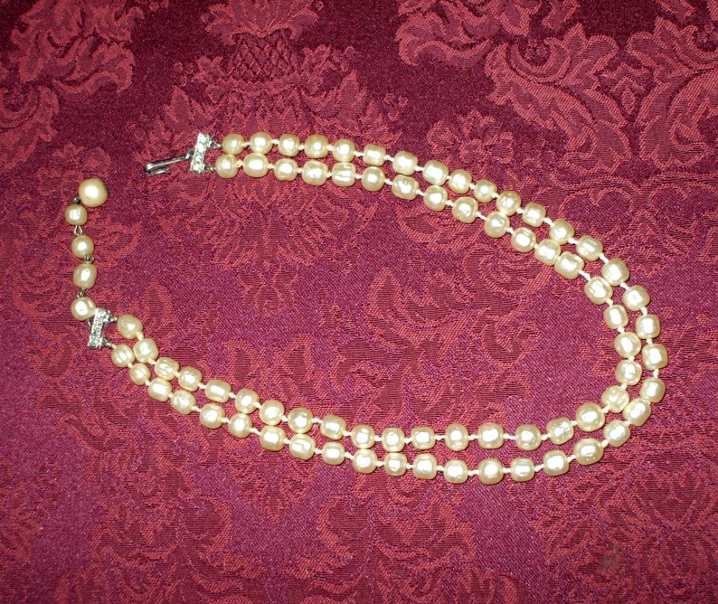 Hand Knotted Baroque Pearls Double Strand Necklace Rhinestones Ivory Off White Vintage image 2