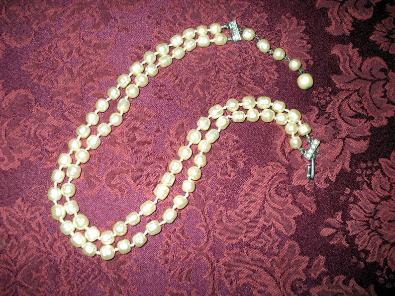 Hand Knotted Baroque Pearls Double Strand Necklace Rhinestones Ivory Off White Vintage image 5