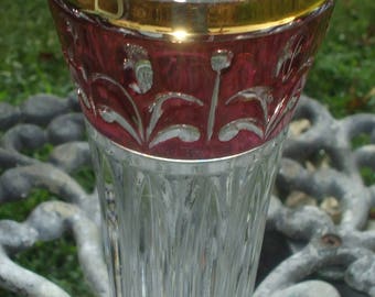 Vintage Crystal Vase Cranberry Pink Flash And Gold Gilt Band Design Pressed Glass 9" Tall Bud Vase
