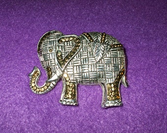 Large Elephant Brooch Pin Two Tone Silver Gold Metal White Yellow Ornate Vintage