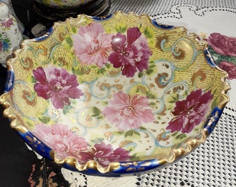 Ornate Nippon Royal Kinran Footed 6" Bowl Cobalt & Hand Painted Florals and Cobalt Ruffled Victorian Antique