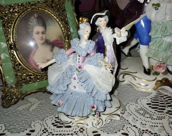 Ornate German DRESDEN Lace 18th Century Colonial Couple Lady Man Hand Painted West Germany Antique Figurine Porcelain Blue Lace and Roses