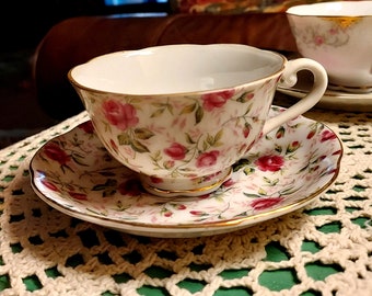 Lefton China Tea Cup and Saucer Vintage Chintz Rose 656R Hand Painted