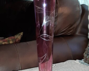 Vintage Crystal Vase Cranberry Pink Floral Embossed Pressed Glass 9 1/2" Tall Bud Vase