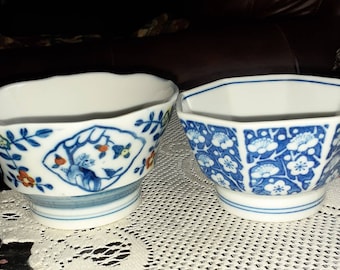 2 Vintage Asian Oriental Bowls Cobalt Blue and White Floral