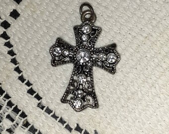 Silver Tone Cross Pendant Crystals Scrolly Filigree Victorian Antique Style Vintage Religious Antique Patina