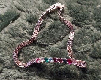 Vintage Sterling Silver Bracelet Birthstone Gems Stones Bar Chain Amethyst Sapphire Diamond Garnet Emerald Blue Topaz Pink CZ's 925 1980s