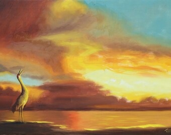 SANDHILL CRANE, bird, sunset.  Oils on 24" x 36" (61 x 91 cm) canvas painted by artist, Rusty Rust / C-128
