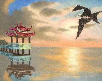 FRIGATEBIRD, bird, pier.  Oils on 24" x 36" (61 x 91 cm) canvas painted by artist, RUSTY RUST / F-49