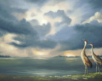 SANDHILL CRANES, sunset.  Oils on 24" x 36" (61 x 91 cm) canvas painted by artist, Rusty Rust / C-108