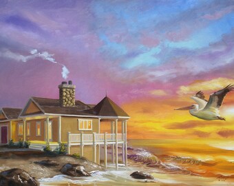 PELICAN, bird, beach cottage.  Oils on 24" x 36" (61 x 91 cm) canvas painted by artist, RUSTY RUST / P-62