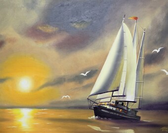 帆船、夕焼け。24インチ×36インチ（61×91cm）のキャンバスに油彩。作者：ラスティ・ラスト / M-497