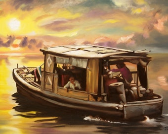 CHINA BOAT.  Oils on 24" x 36" (61 x 91 cm) canvas painted by artist, Rusty Rust / M-314