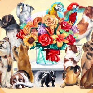 Op de afbeelding: Een olieverfschilderij toont een kleurrijk boeket bloemen in een glazen vaas, omringd door verschillende honden, een kat, een stinkdier en twee papegaaien. De honden staan in verschillende poses, sommigen kijken omhoog, anderen bedekken hun ogen.