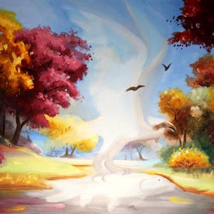 Op de afbeelding: Olieverfschilderij van een fantastisch landschap met een wit vogelachtig wezen dat boven een kleurrijk bos zweeft. De bomen tonen levendige tinten rood, geel en oranje tegen een blauwe lucht. Twee vogels vliegen in de lucht.